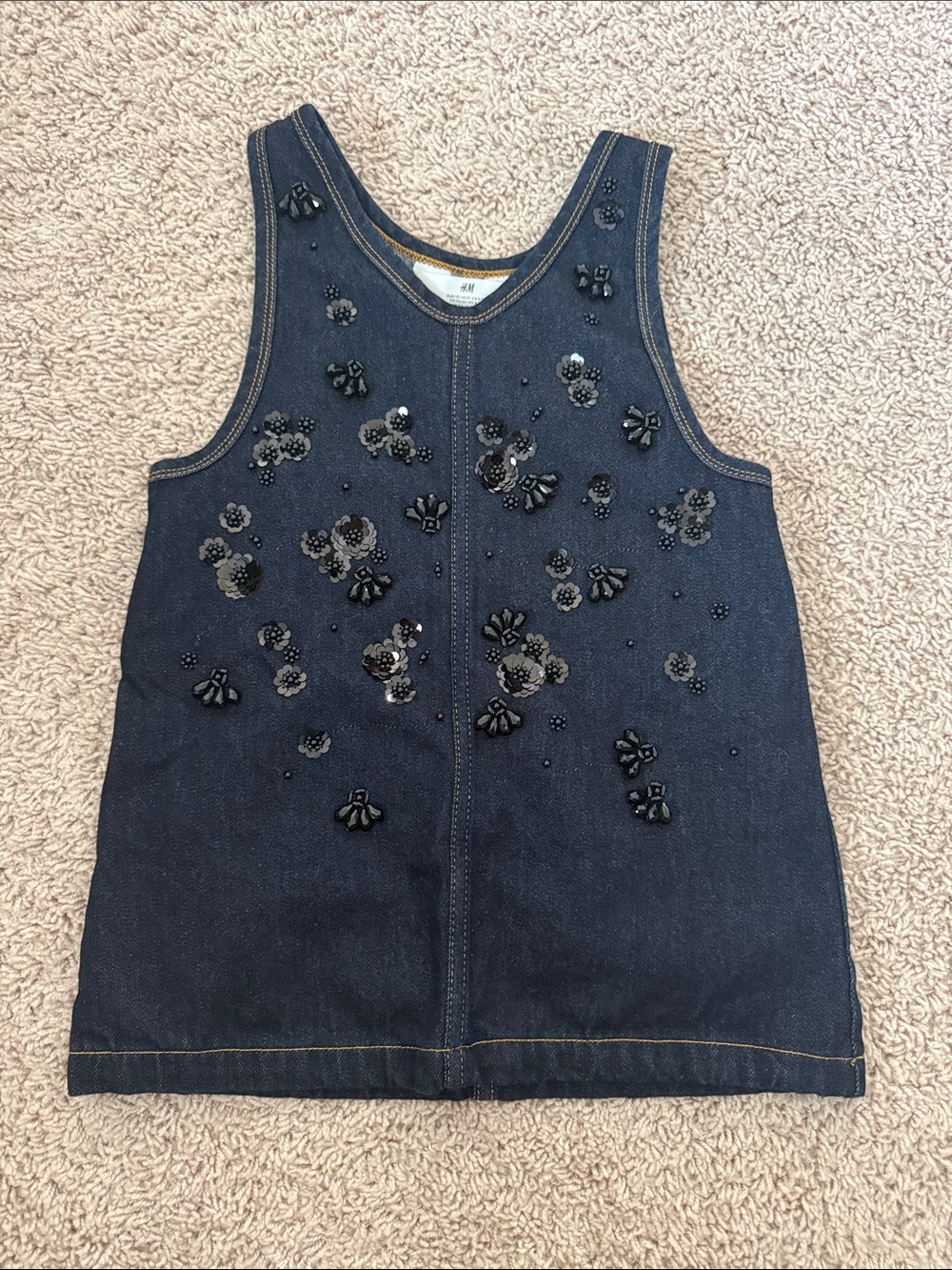 H&M Dark Blue Denim Beaded Floral Shift Dress